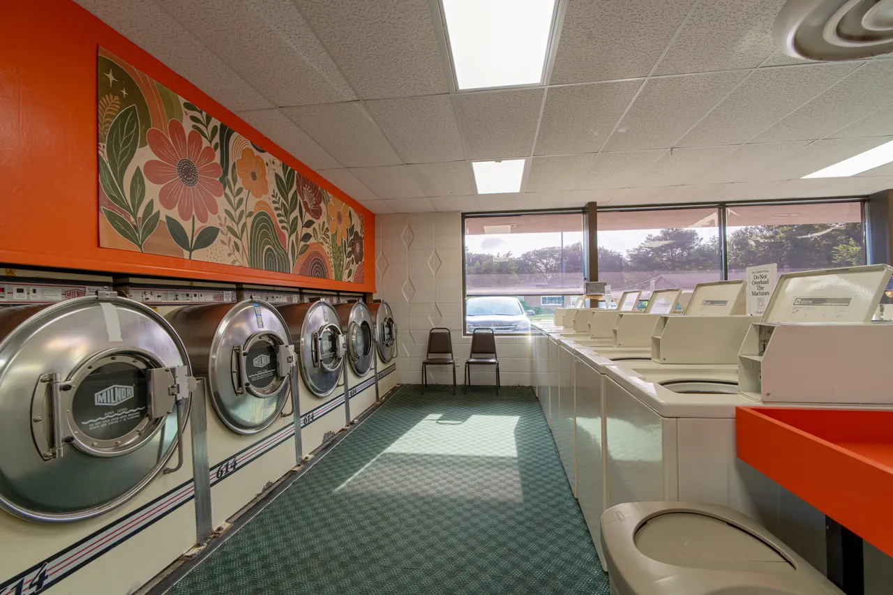 Front-loading washers beneath the floral mural at Rockford Washer